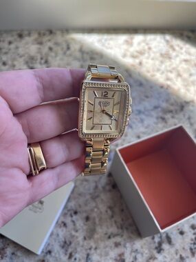Coach Gold-Tone Crystal-Trim Square Link Bracelet Watch